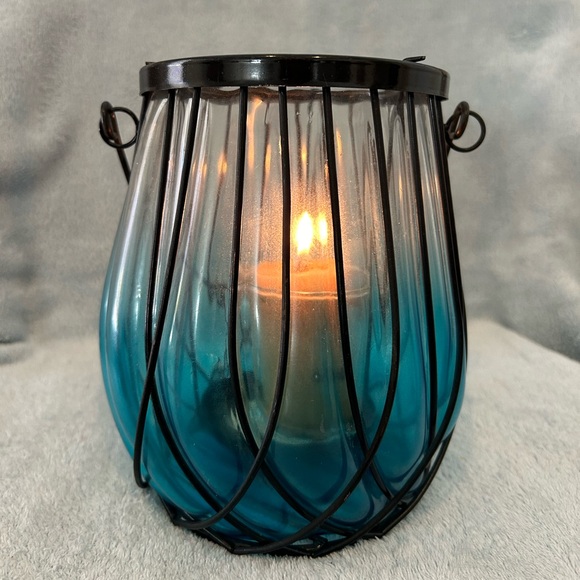 Large Blue Glass And Metal Candle Holder - Picture 3 of 6